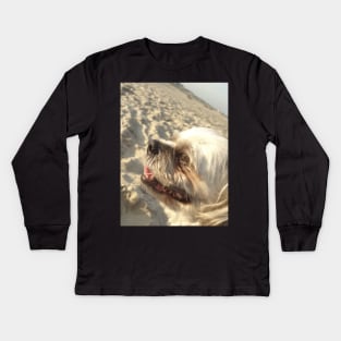 Beautiful photo of shih tzu dog on a beach while smiling Kids Long Sleeve T-Shirt